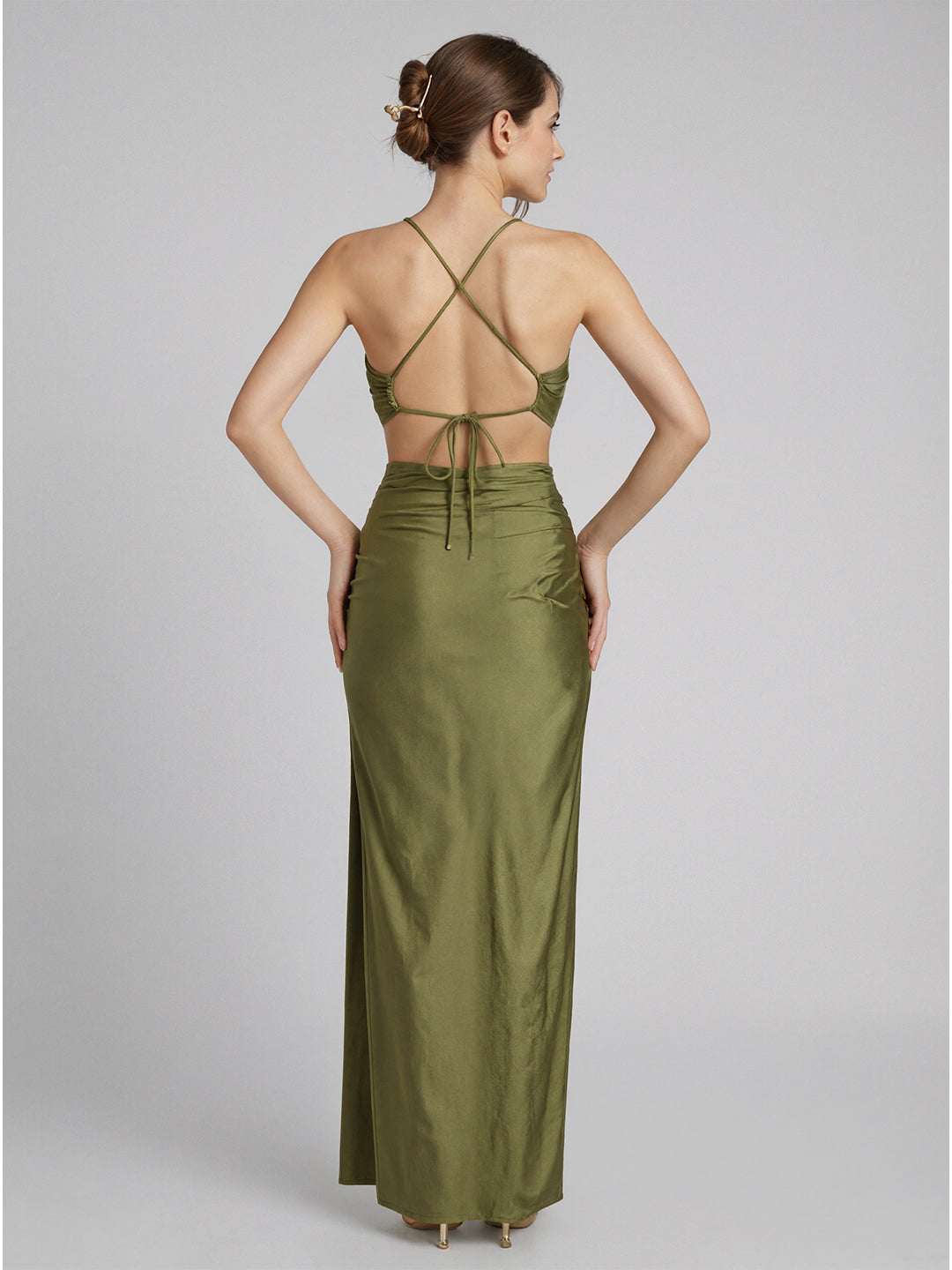 Beautiful Back Olive Green Satin column Halter neckline Backless Ankle-Length Bridesmaid Dress