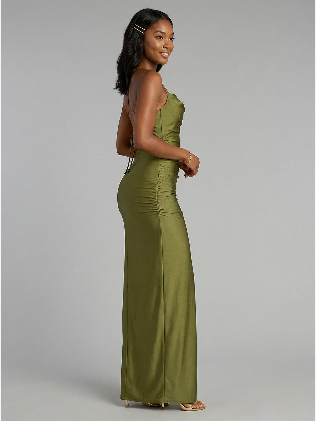 Beautiful Back Olive Green Satin column Halter neckline Backless Ankle-Length Bridesmaid Dress
