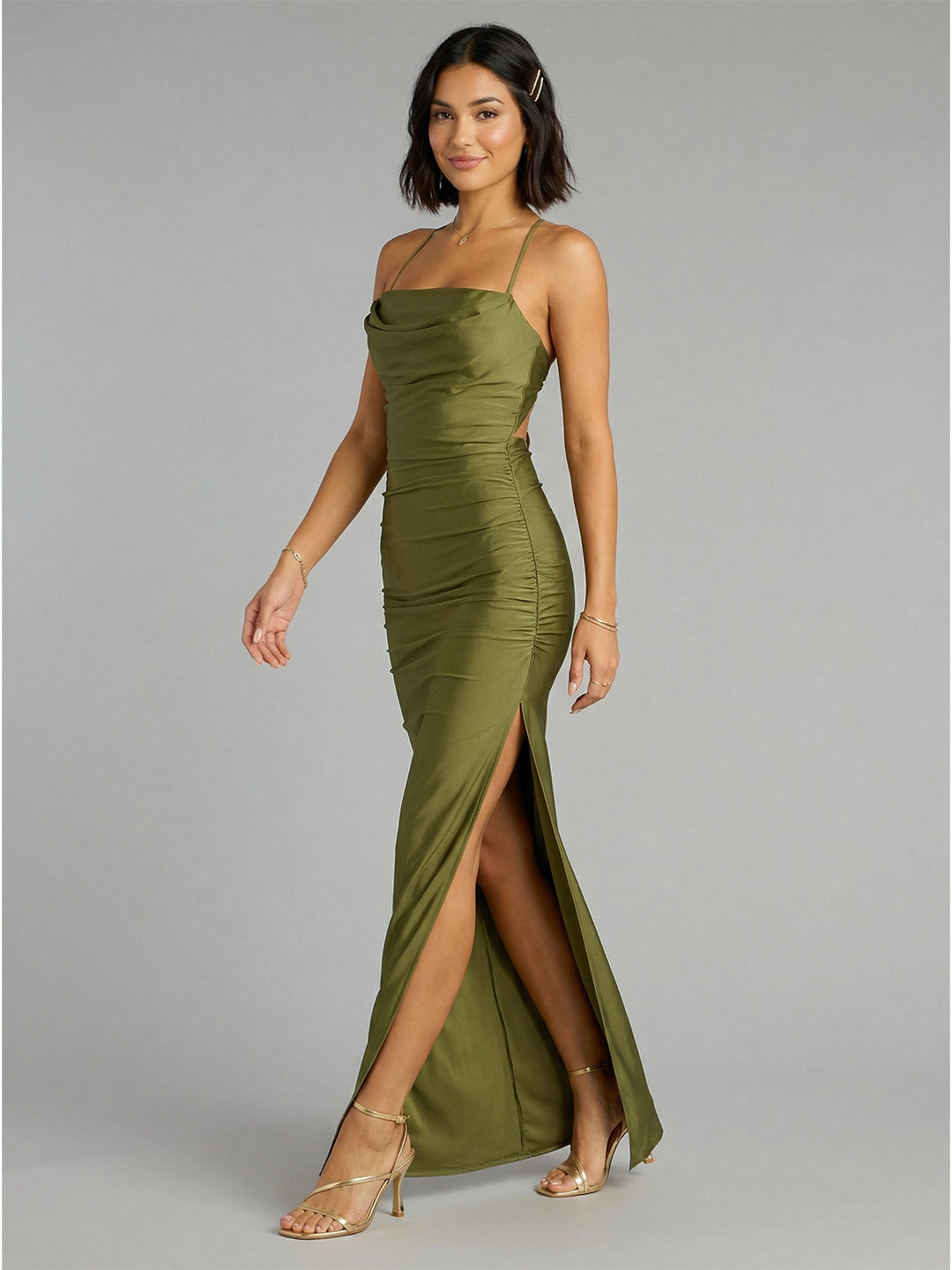 Beautiful Back Olive Green Satin column Halter neckline Backless Ankle-Length Bridesmaid Dress