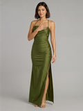 Beautiful Back Olive Green Stretch Knit column Halter neckline Backless Ankle-Length Bridesmaid Dress