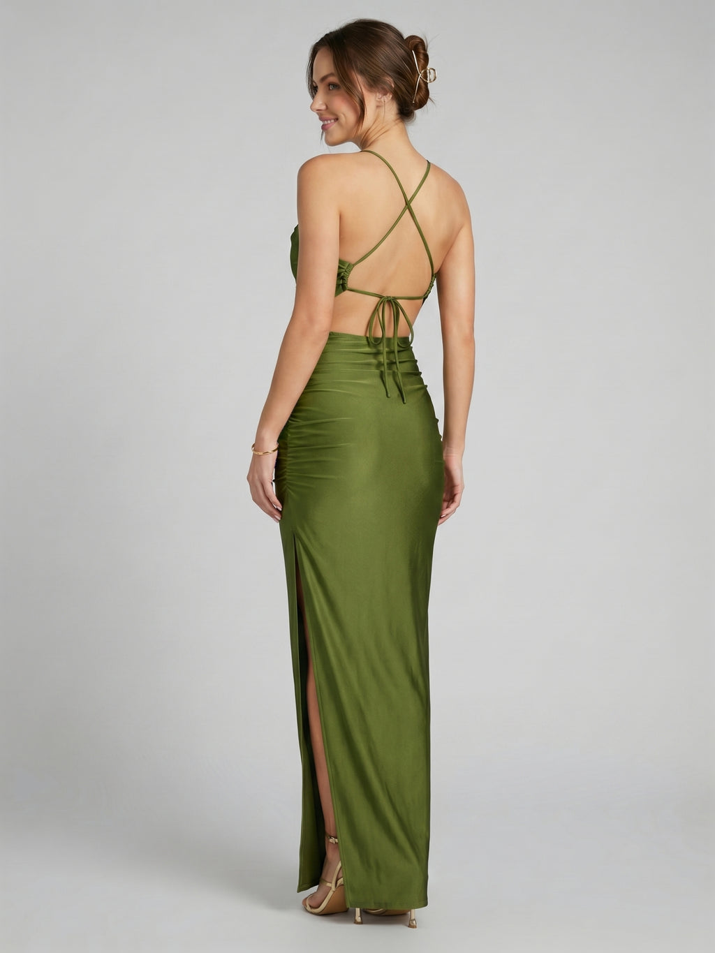 Beautiful Back Olive Green Stretch Knit column Halter neckline Backless Ankle-Length Bridesmaid Dress