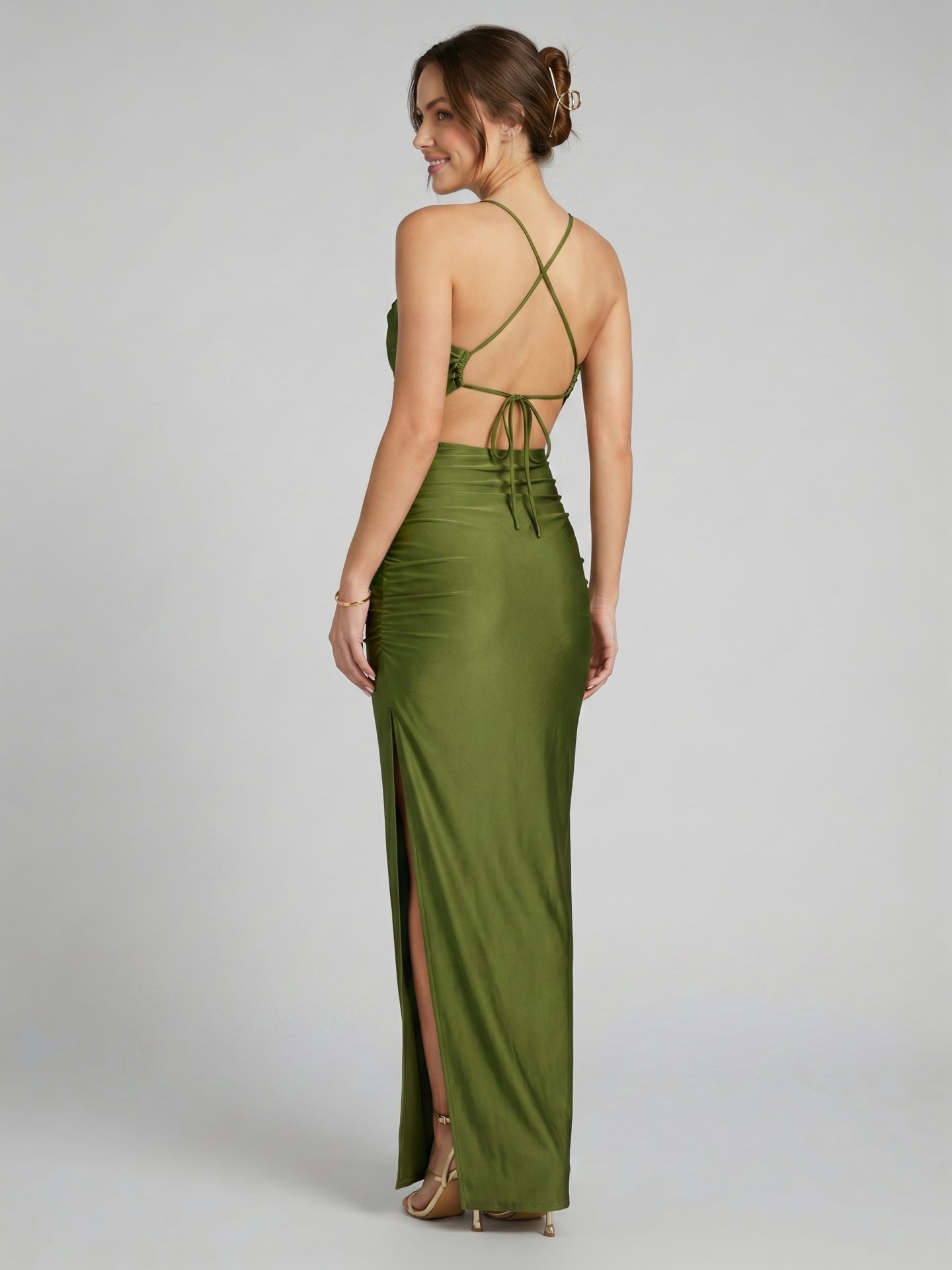 Beautiful Back Olive Green Stretch Knit column Halter neckline Backless Ankle-Length Bridesmaid Dress