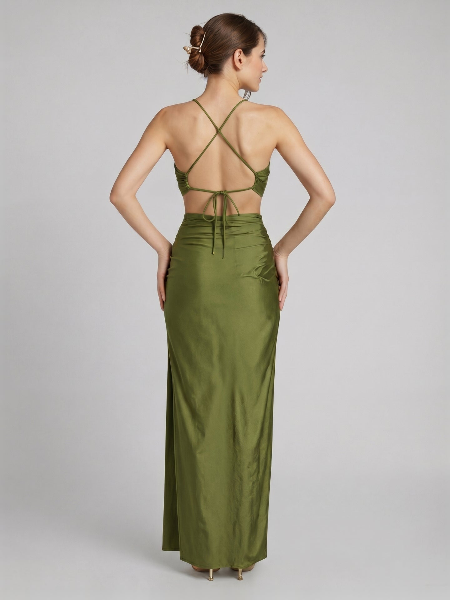 Beautiful Back Olive Green Stretch Knit column Bridesmaid Dress