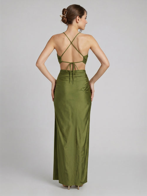 Beautiful Back Olive Green Stretch Knit column Halter neckline Backless Ankle-Length Bridesmaid Dress