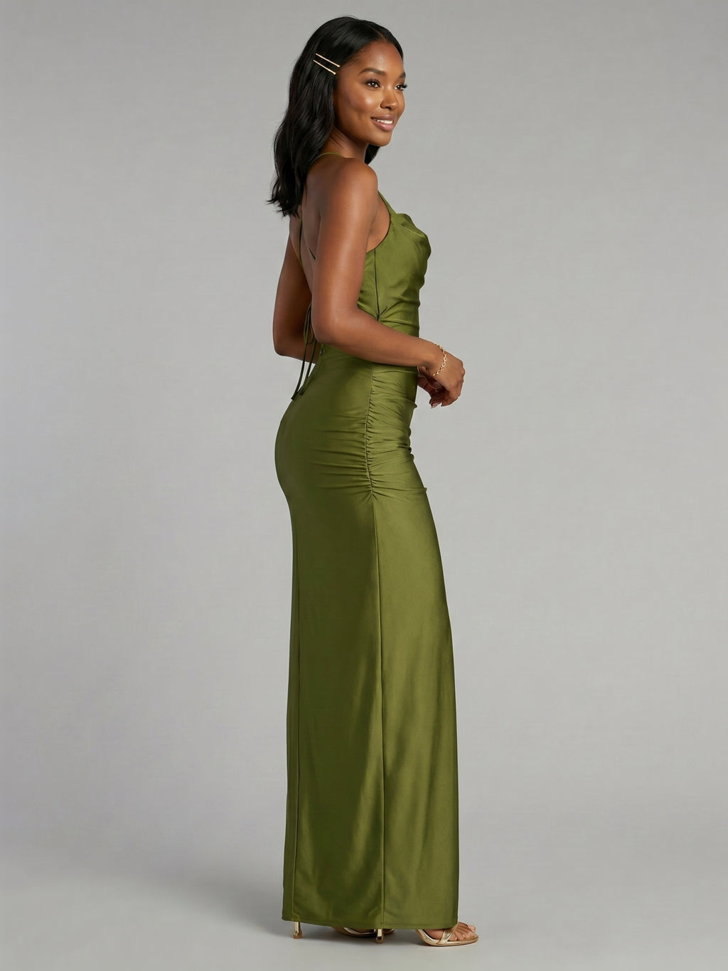 Beautiful Back Olive Green Stretch Knit column Halter neckline Backless Ankle-Length Bridesmaid Dress