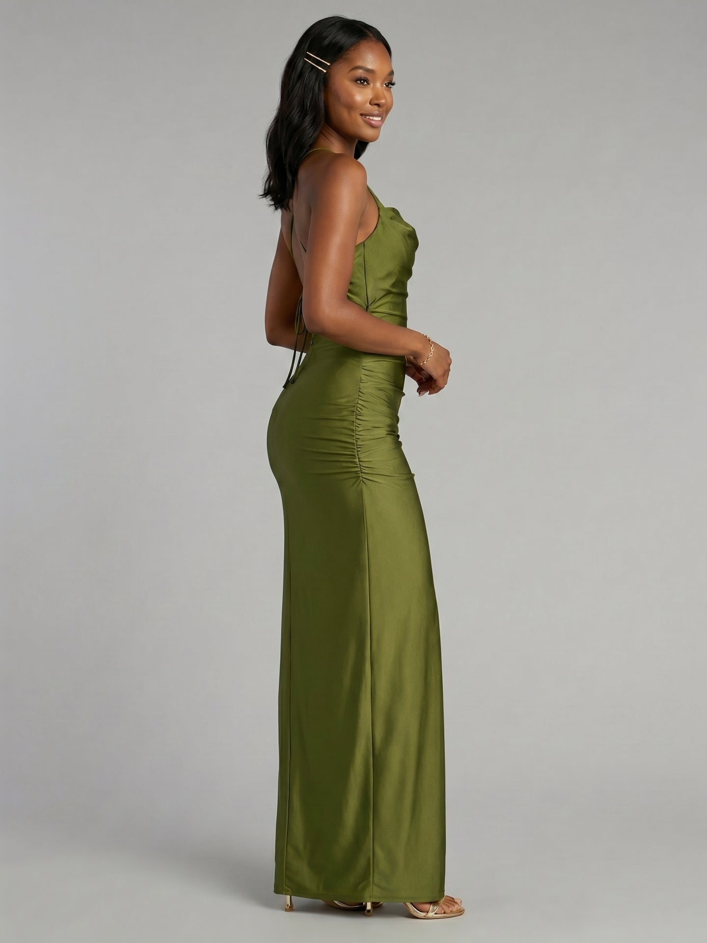 Beautiful Back Olive Green Stretch Knit column Bridesmaid Dress