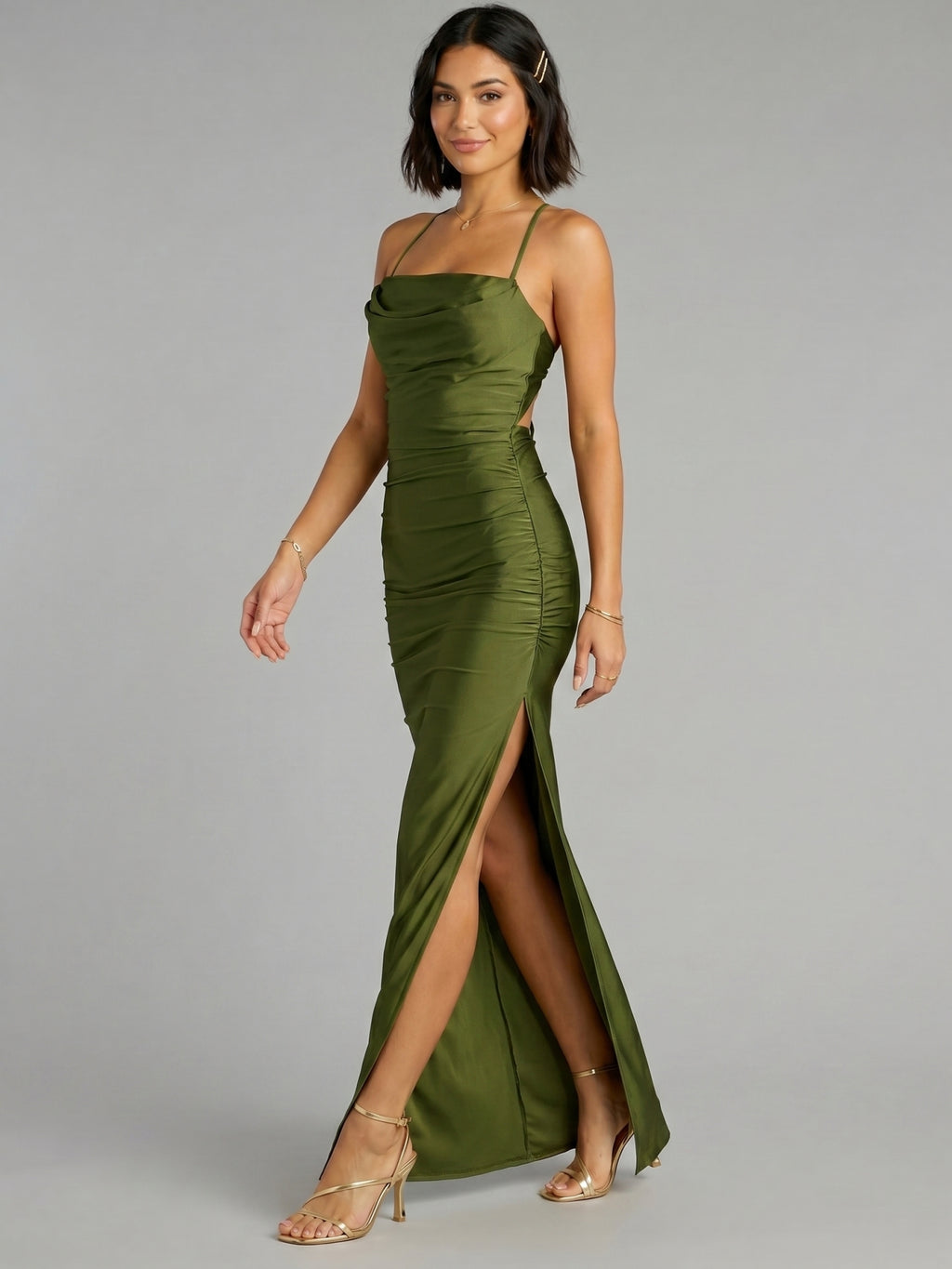Beautiful Back Olive Green Stretch Knit column Halter neckline Backless Ankle-Length Bridesmaid Dress