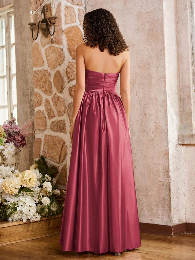 Satin Strapless Sweetheart Neckline Ruched Bodice High-Slit A-Line Floor-Length Bridesmaid Dresses