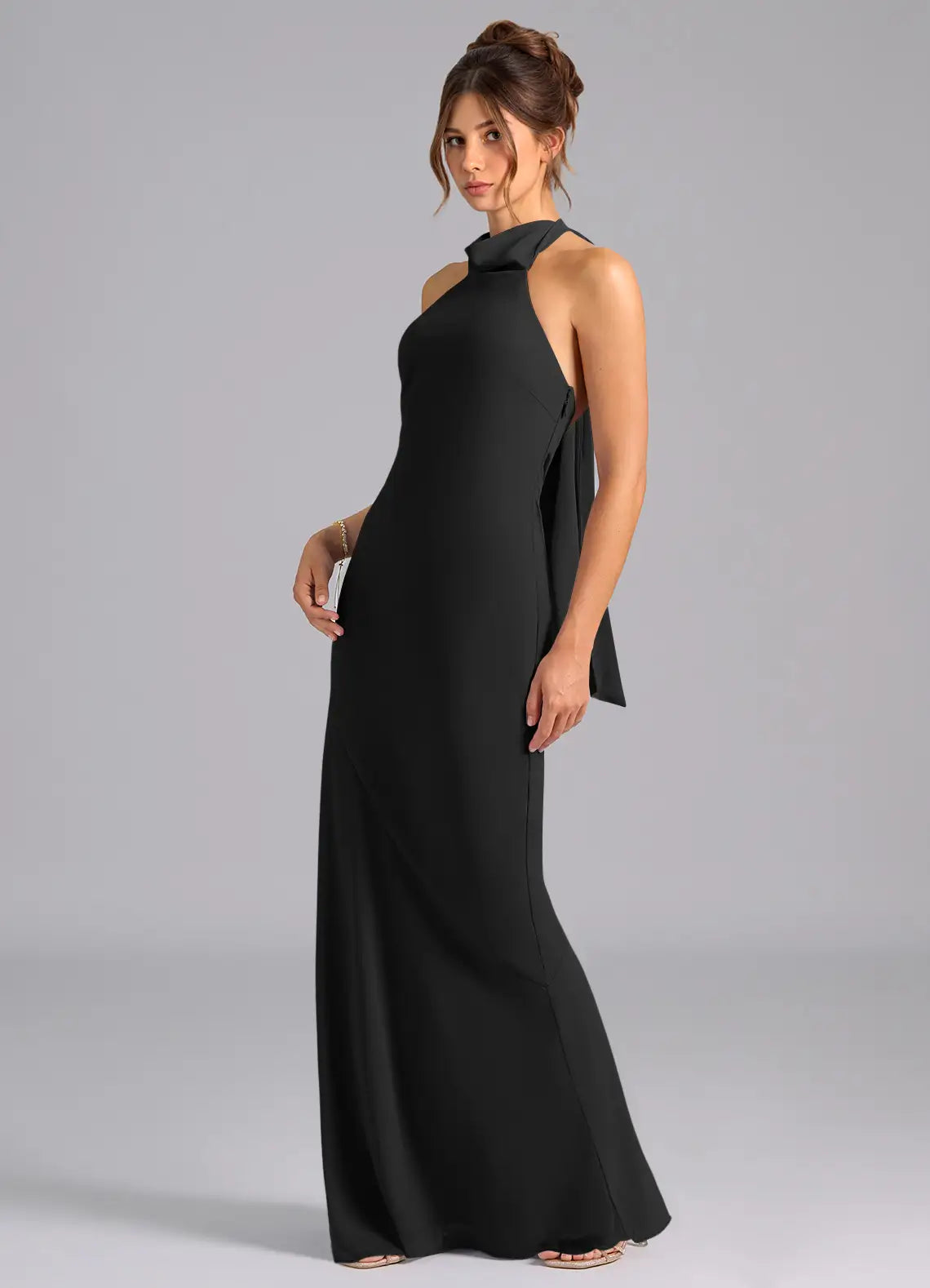 Black Bridesmaid Dress with Halter Neckline, Open Back and Large Bow Detail