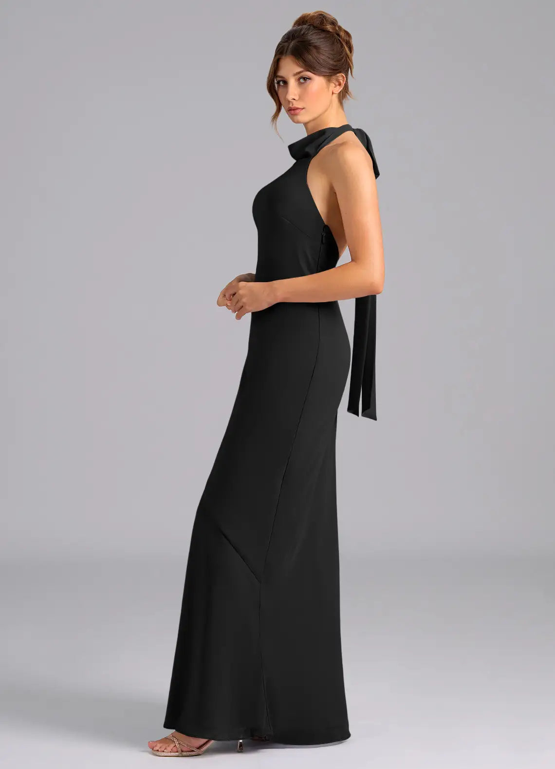 Black Bridesmaid Dress with Halter Neckline, Open Back and Large Bow Detail