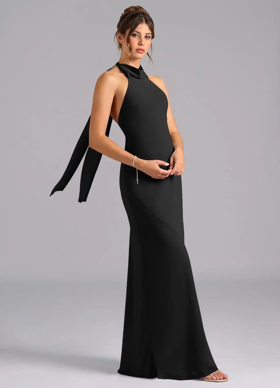 Black Bridesmaid Dress with Halter Neckline, Open Back and Large Bow Detail