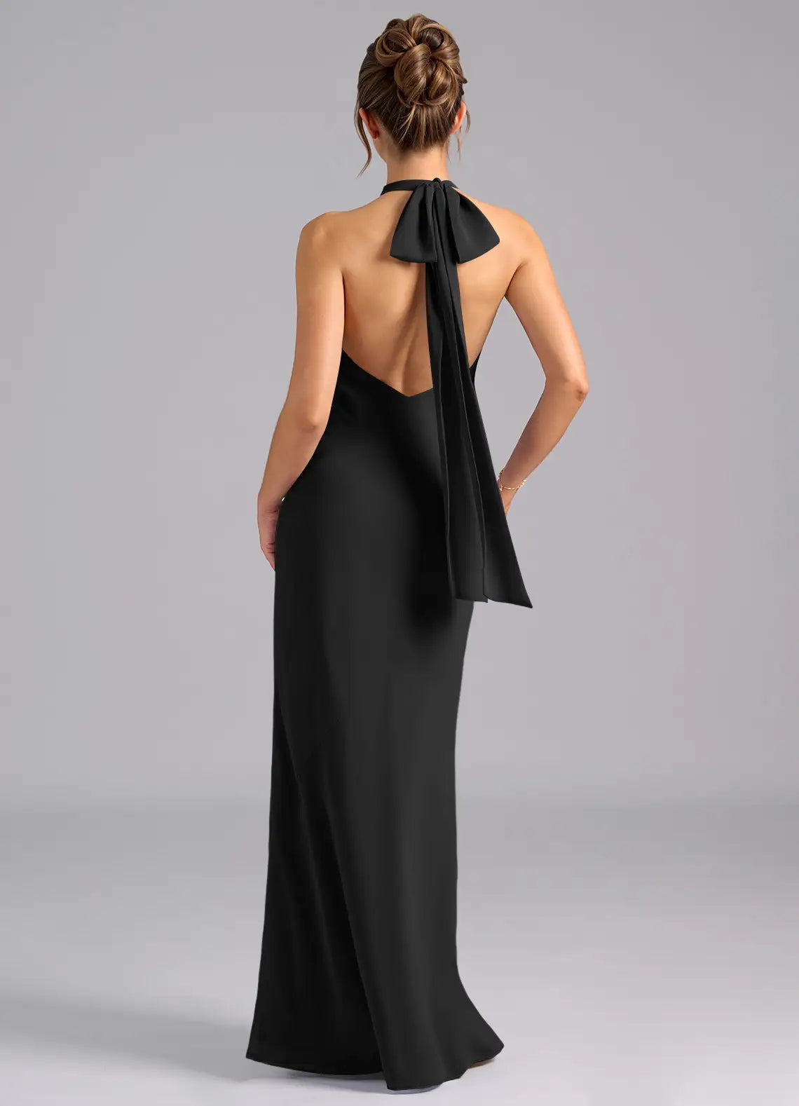 Black Bridesmaid Dress with Halter Neckline, Open Back and Large Bow Detail
