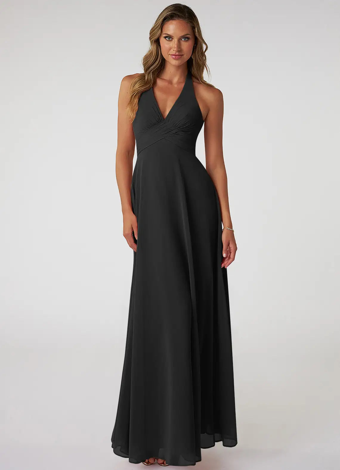 Black Bridesmaid Dress with Halter Neckline, Open Back and Ruched Bodice