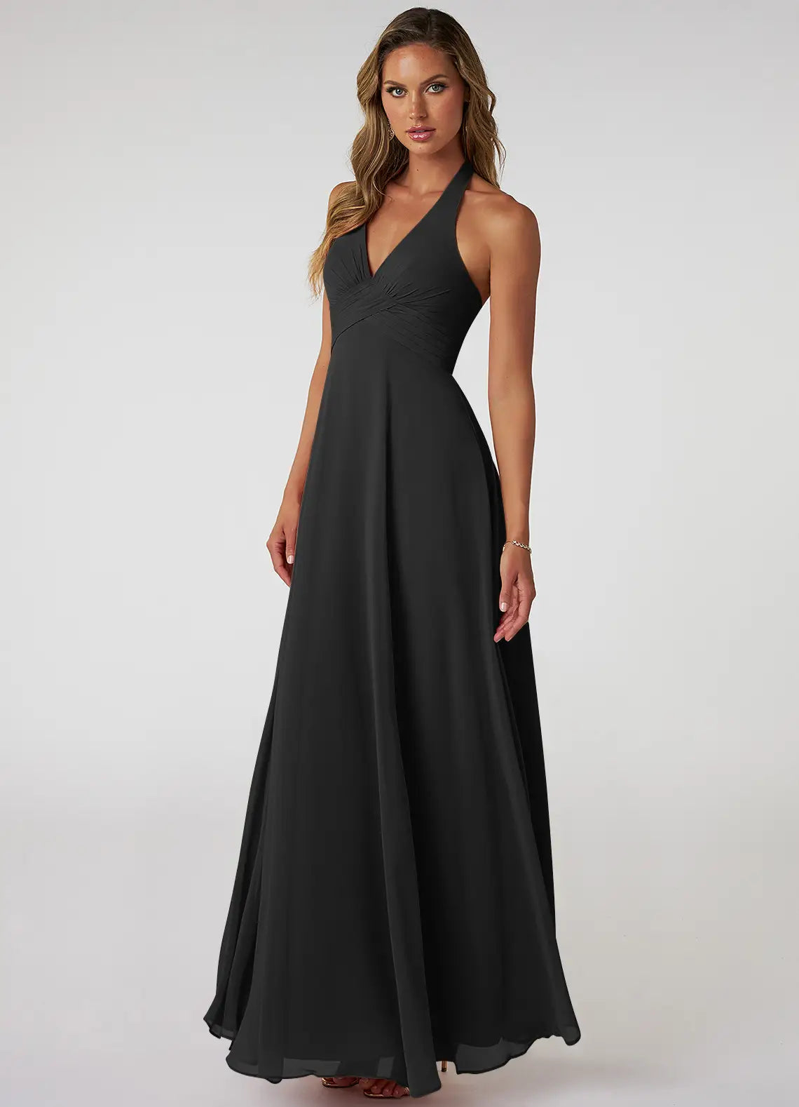 Black Bridesmaid Dress with Halter Neckline, Open Back and Ruched Bodice