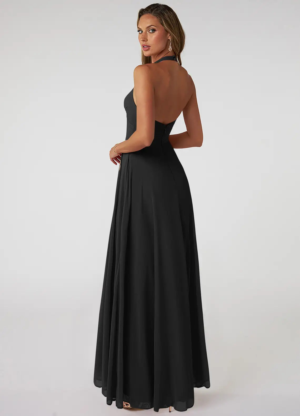 Black Bridesmaid Dress with Halter Neckline, Open Back and Ruched Bodice