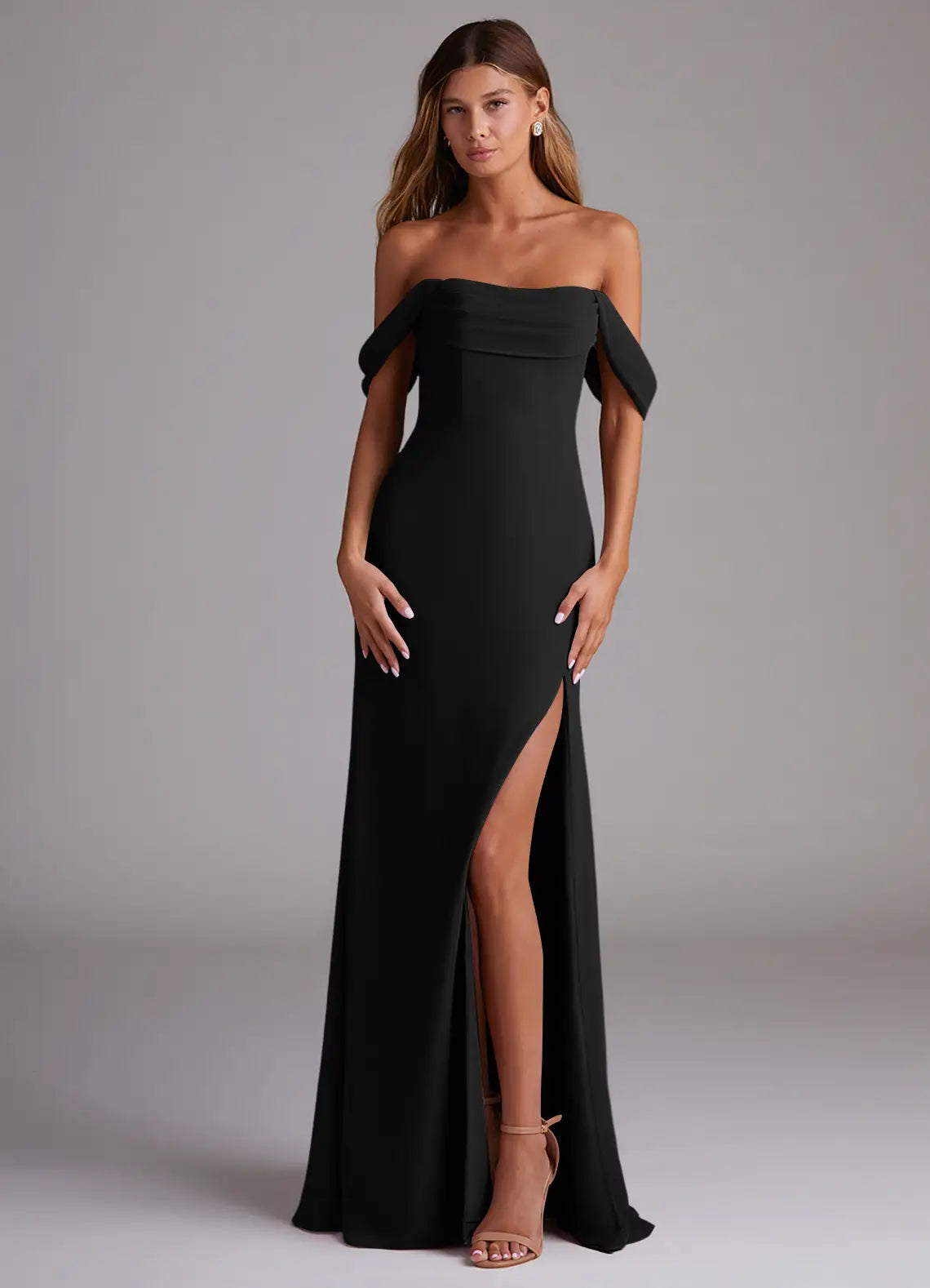 Black Bridesmaid Dress with Off-the-Shoulder Neckline, Open Back and High Side Slit