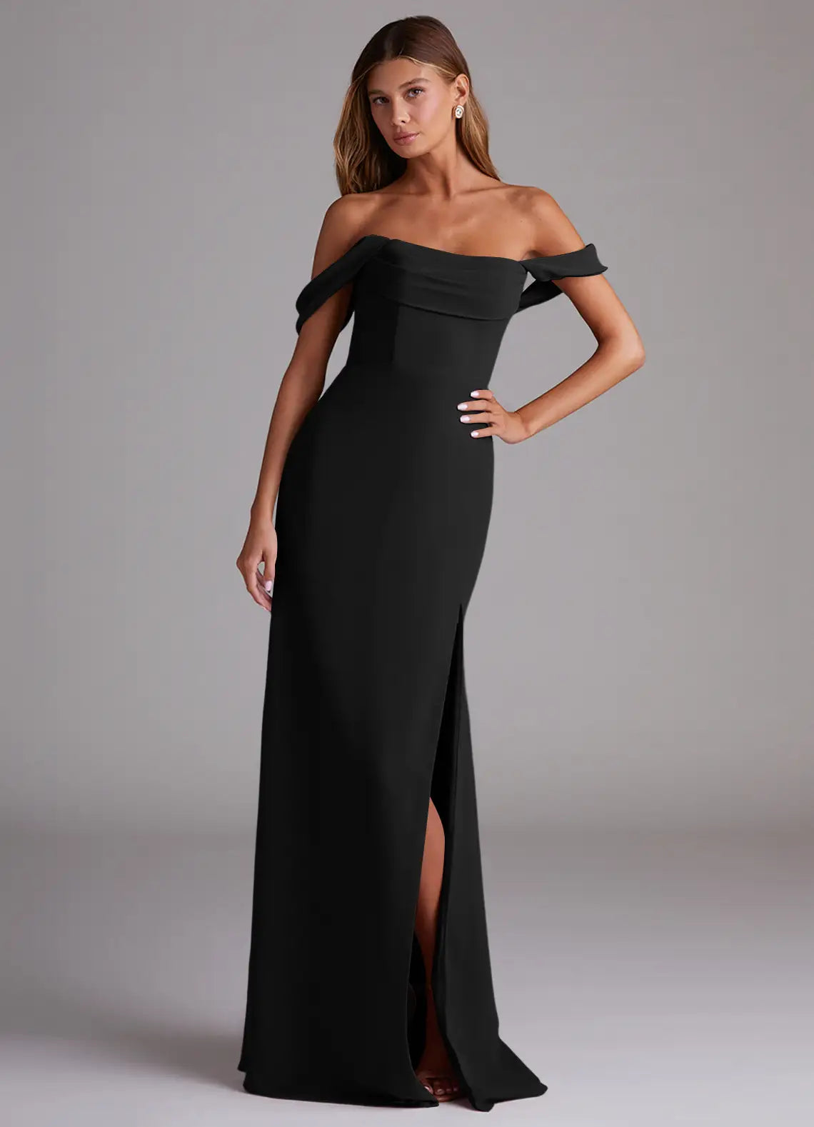 Black Bridesmaid Dress with Off-the-Shoulder Neckline, Open Back and High Side Slit