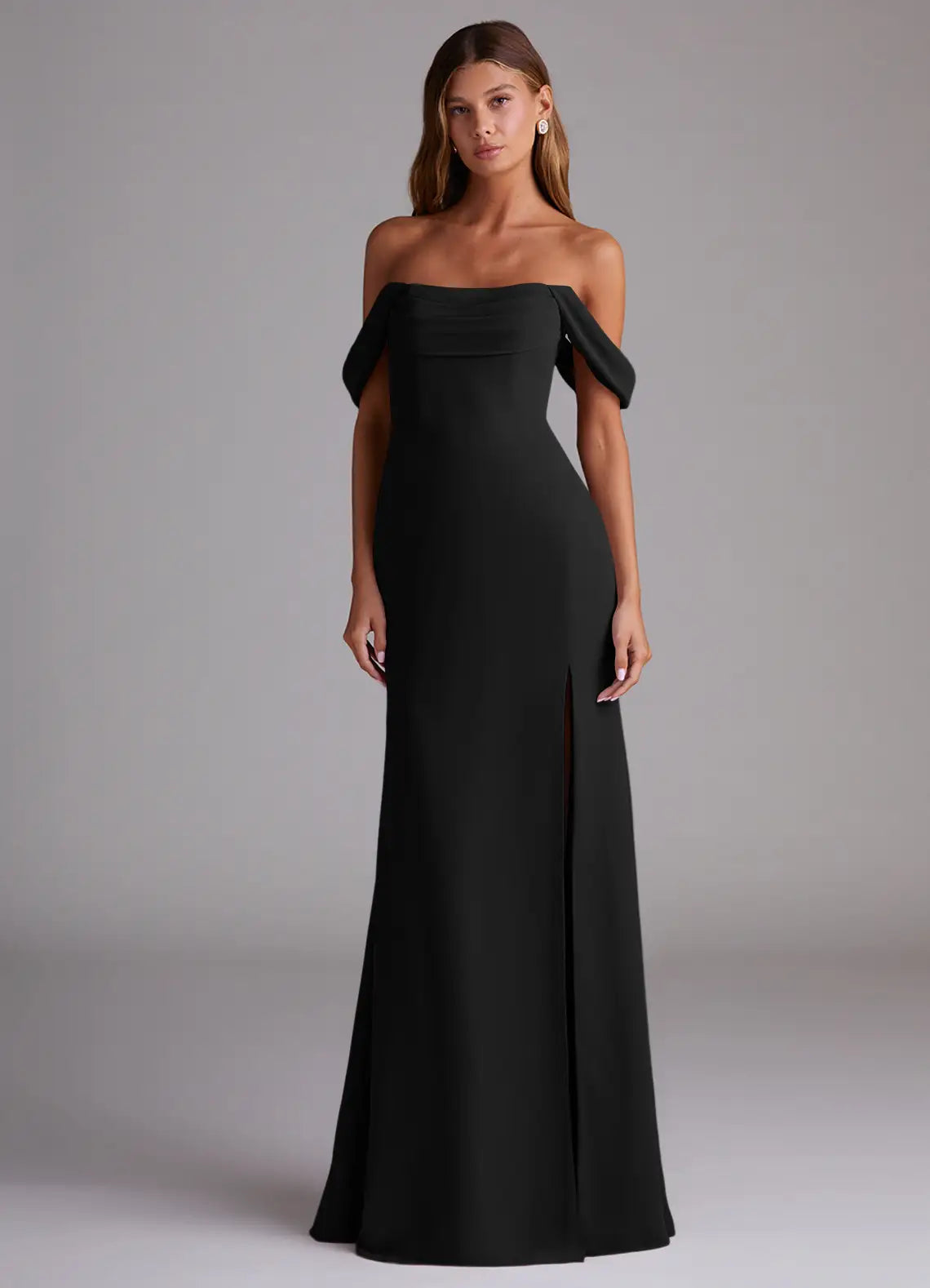 Black Bridesmaid Dress with Off-the-Shoulder Neckline, Open Back and High Side Slit