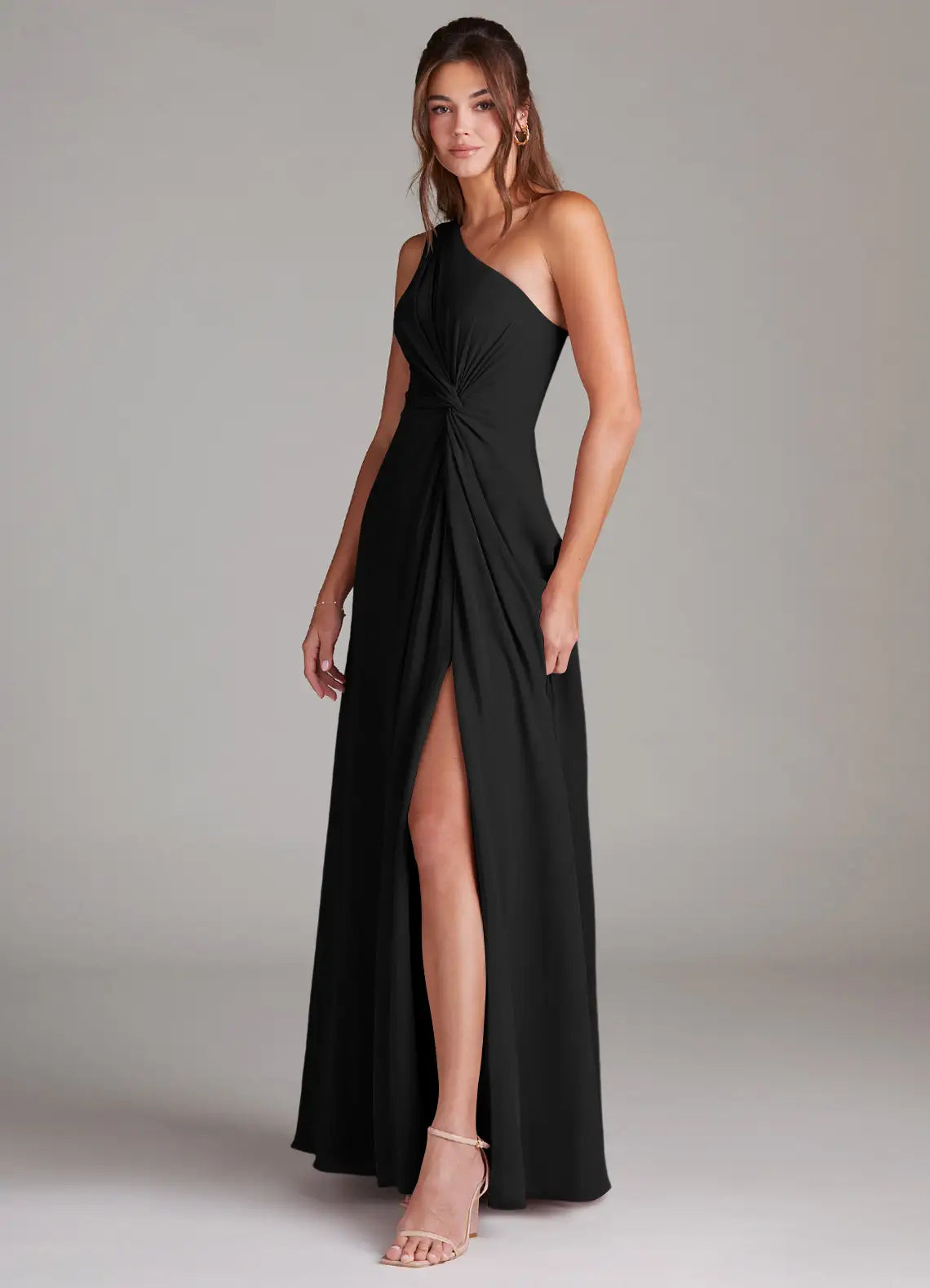 Black Bridesmaid Dress with One-Shoulder Neckline, Twist Bodice and High Side Slit