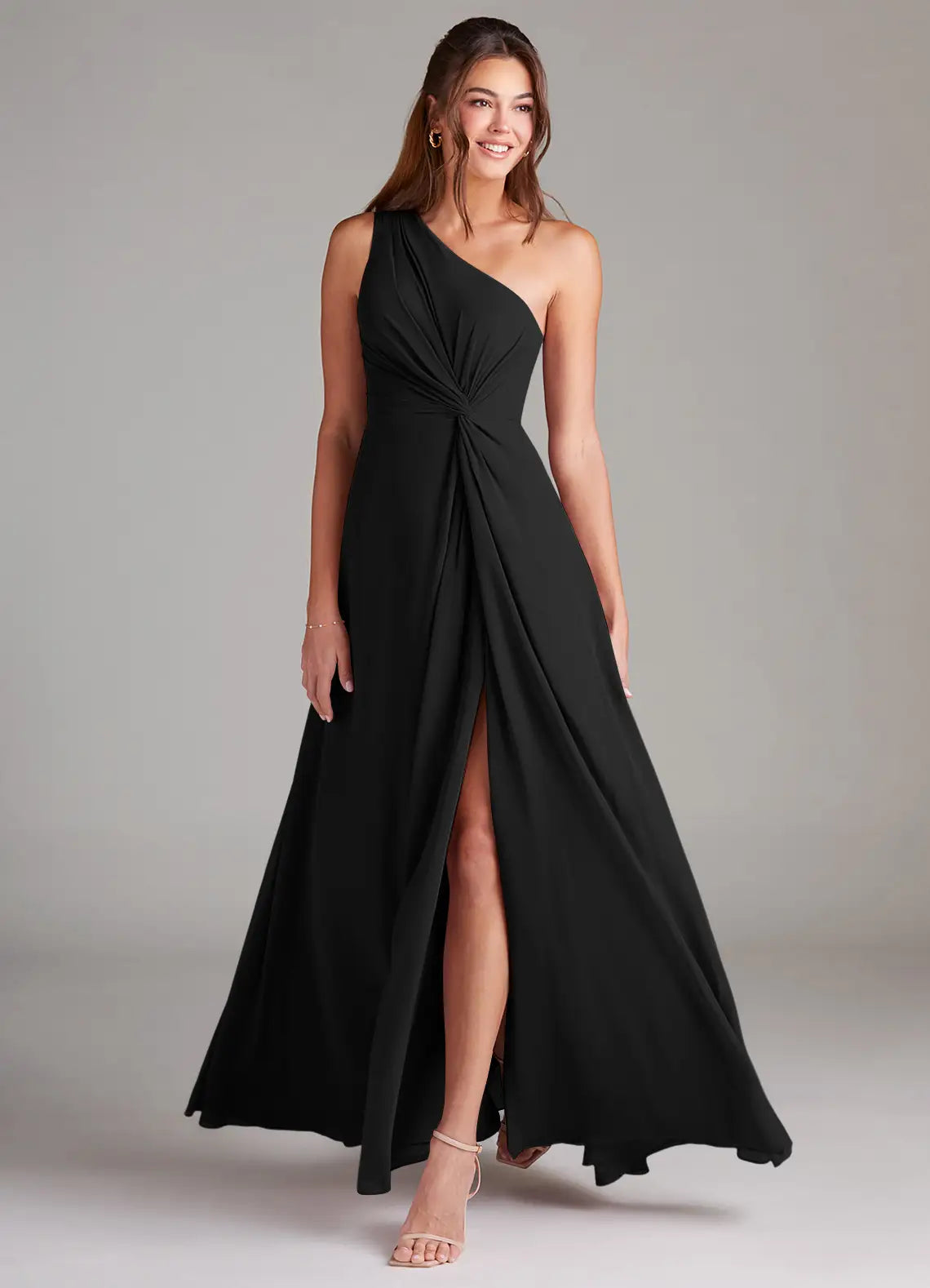 Black Bridesmaid Dress with One-Shoulder Neckline, Twist Bodice and High Side Slit