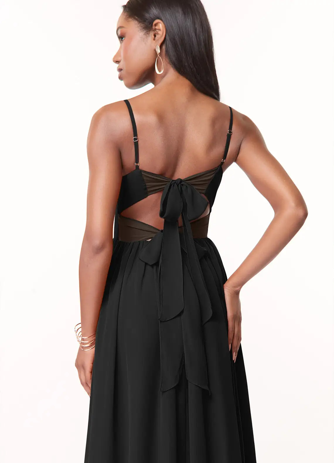 Black Bridesmaid Dress with Spaghetti Straps, Back Bow Detail and Convenient Side Pockets