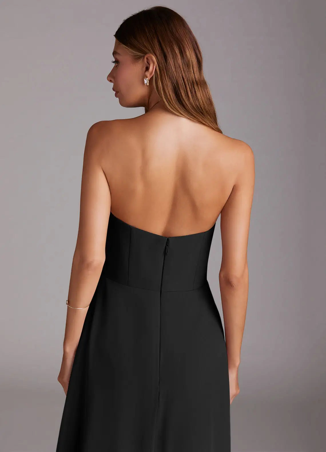 Black Bridesmaid Dress with Strapless Neckline, Open Back and Convenient Side Pockets