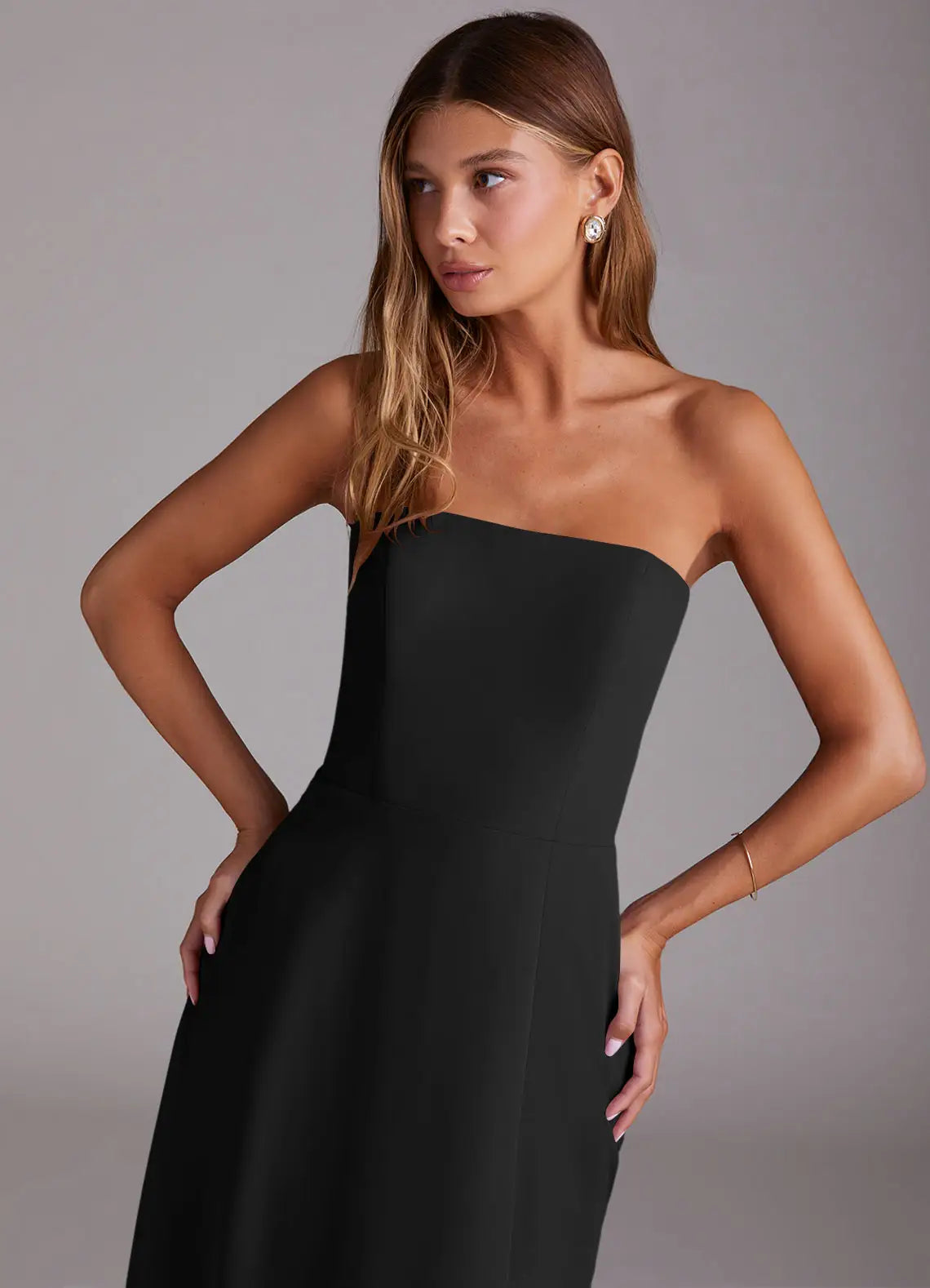 Black Bridesmaid Dress with Strapless Neckline, Open Back and Convenient Side Pockets