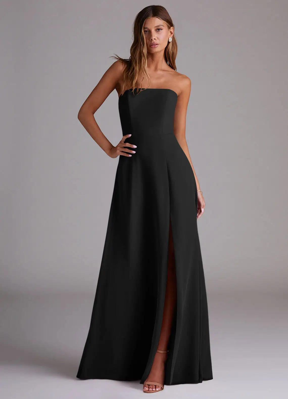 Black Bridesmaid Dress with Strapless Neckline, Open Back and Convenient Side Pockets