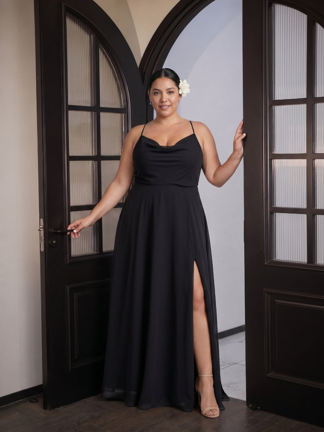 Black Chiffon A-Line Cowl Neck Criss-Cross Straps Ankle-Length Plus Size Bridesmaid Dress