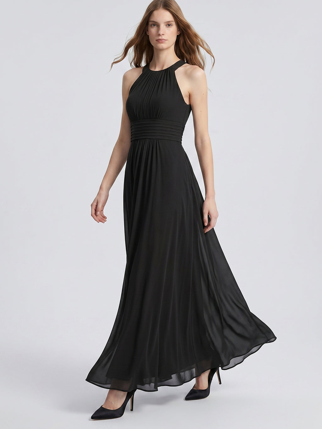 Black Chiffon A-Line Halter Back Zip Floor-Length Pleated Bridesmaid Dress