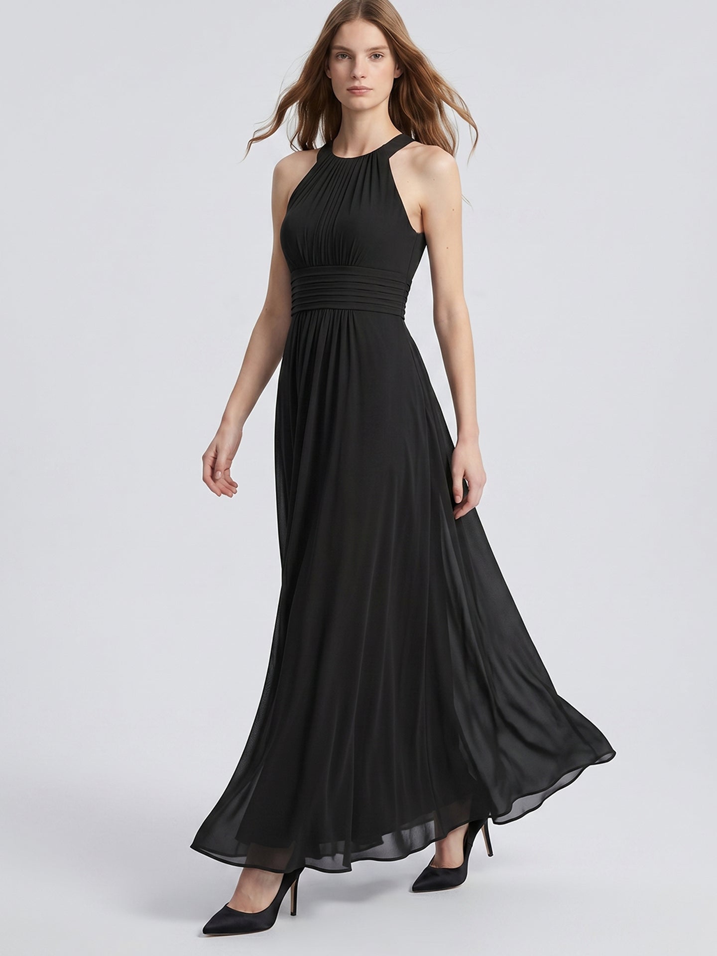Black Chiffon A-Line Halter Back Zip Floor-Length Pleated Bridesmaid Dress