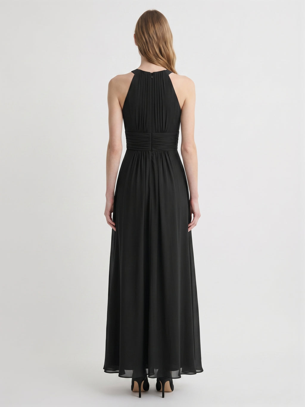 Black Chiffon A-Line Halter Back Zip Floor-Length Pleated Bridesmaid Dress