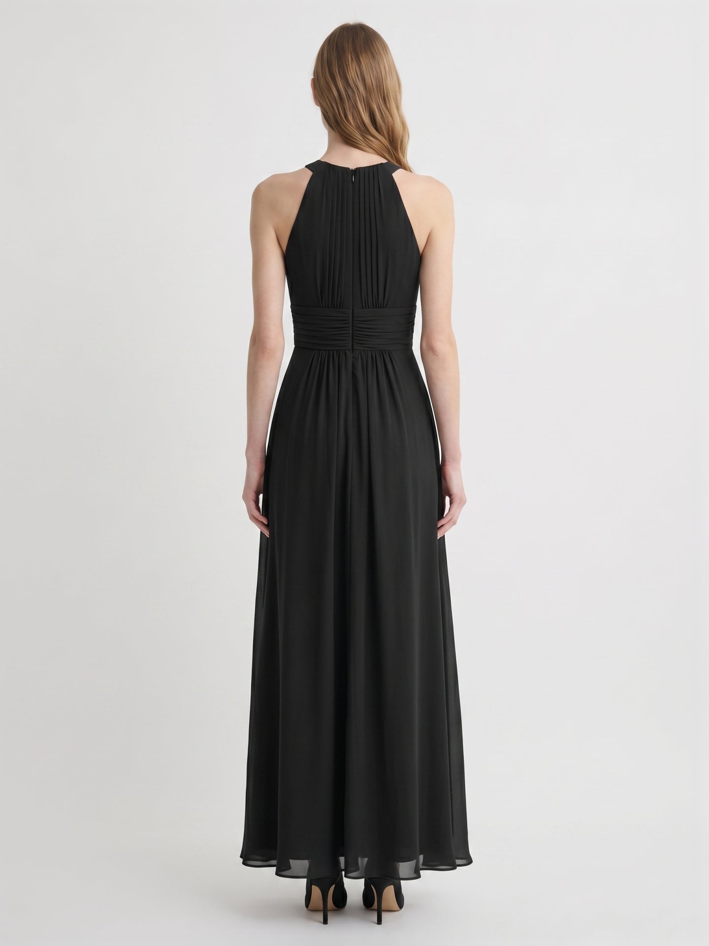 Black Chiffon A-Line Halter Back Zip Floor-Length Pleated Bridesmaid Dress