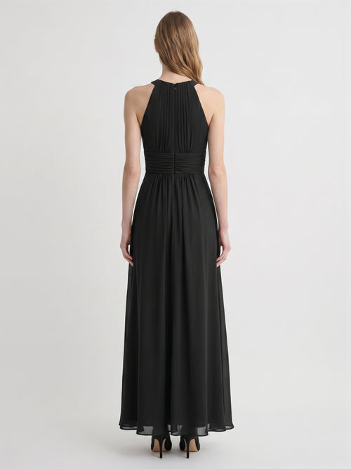 Black Chiffon A-Line Halter Back Zip Floor-Length Pleated Bridesmaid Dress