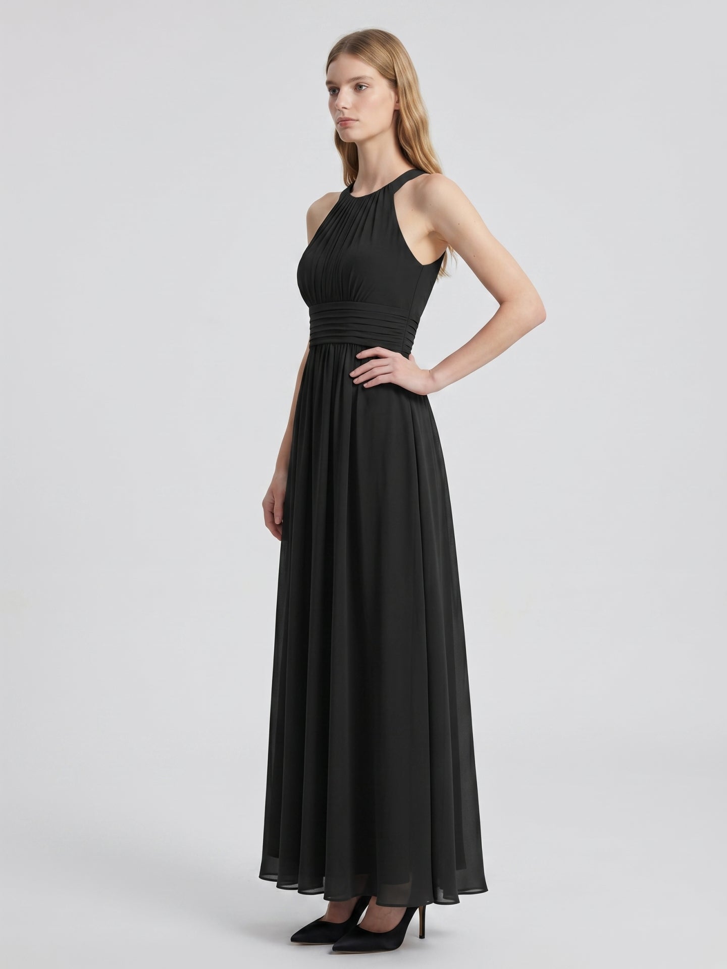 Black Chiffon A-Line Halter Back Zip Floor-Length Pleated Bridesmaid Dress