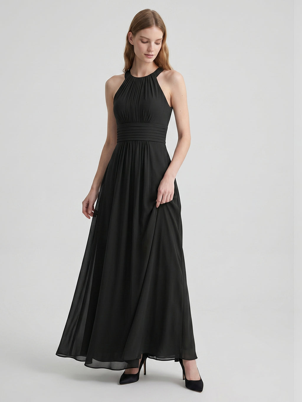 Black Chiffon A-Line Halter Back Zip Floor-Length Pleated Bridesmaid Dress