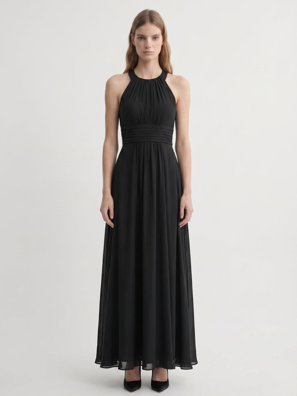 Black Chiffon A-Line Halter Back Zip Floor-Length Pleated Bridesmaid Dress