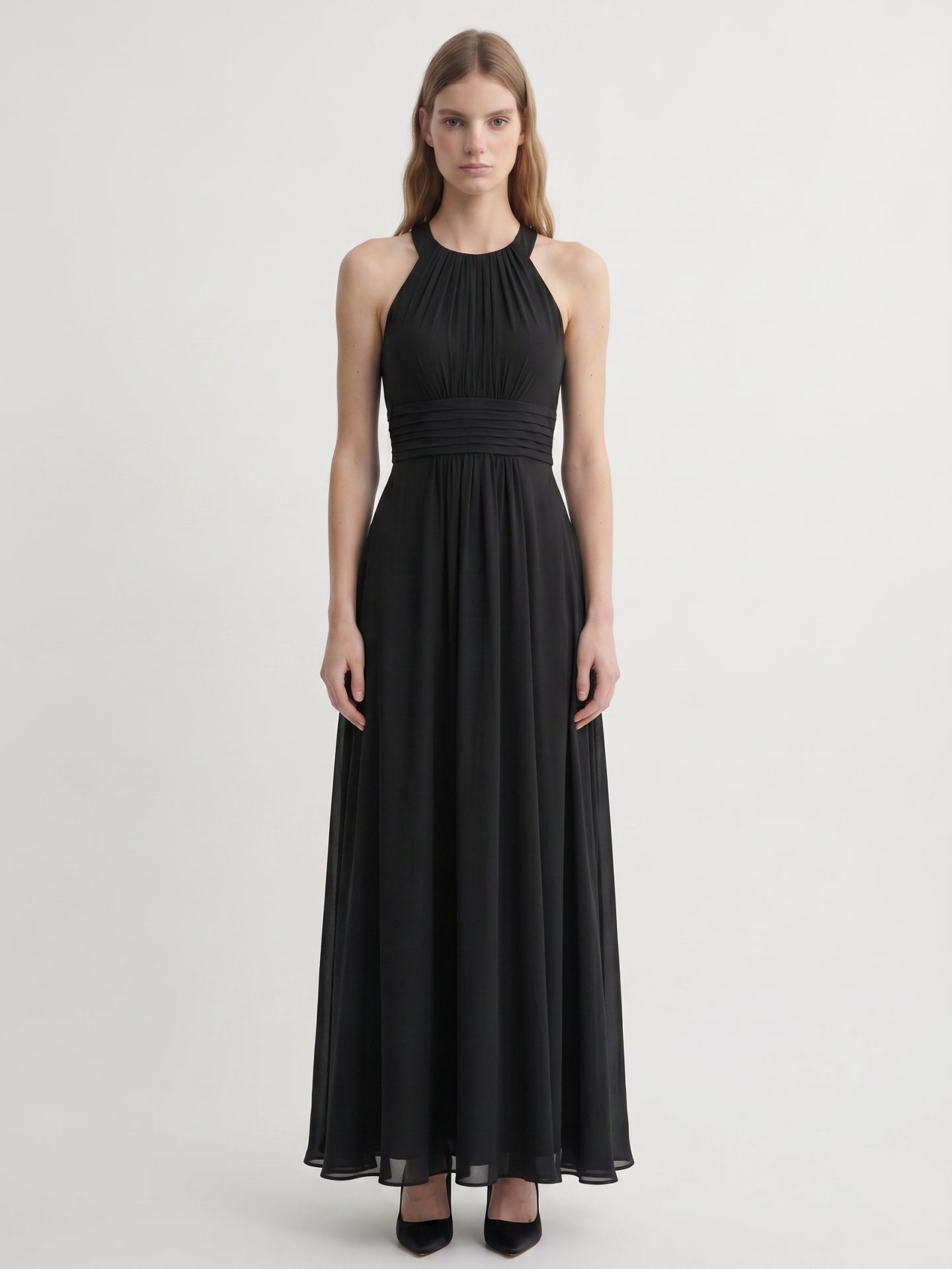 Black Chiffon A-Line Halter Back Zip Floor-Length Pleated Bridesmaid Dress