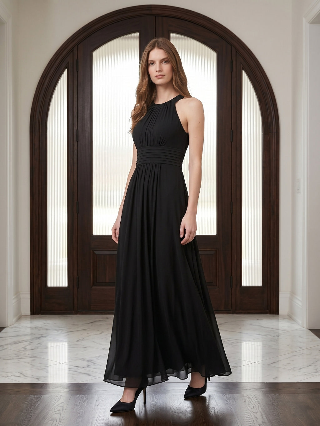 Black Chiffon A-Line Halter Back Zip Floor-Length Pleated Bridesmaid Dress