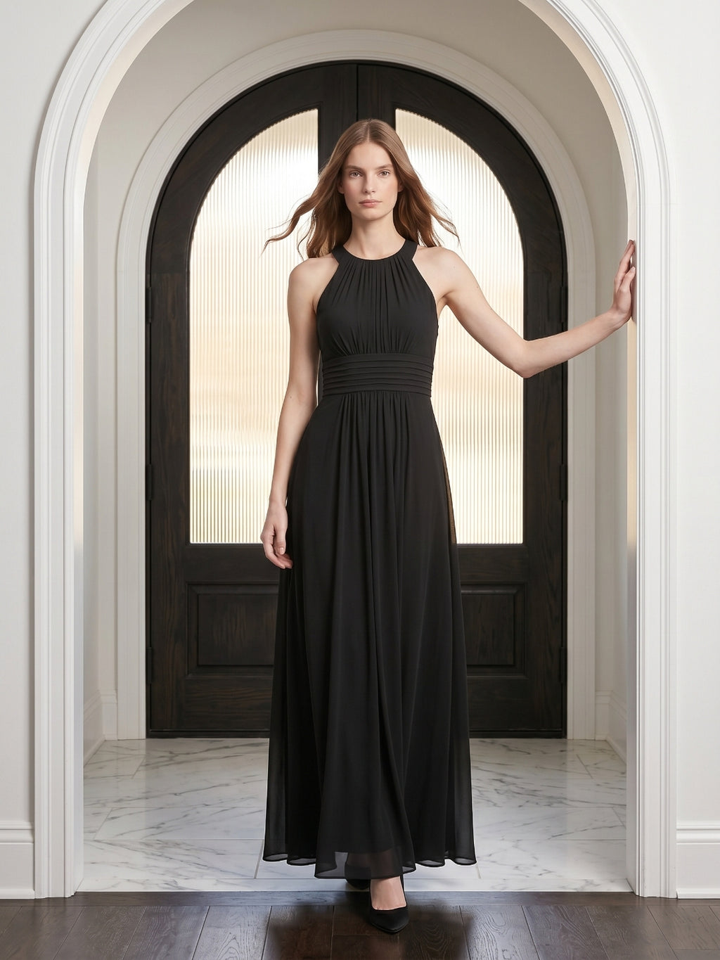 Black Chiffon A-Line Halter Back Zip Floor-Length Pleated Bridesmaid Dress