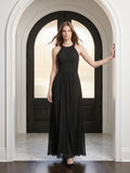 Black Chiffon A-Line Halter Back Zip Floor-Length Pleated Bridesmaid Dress
