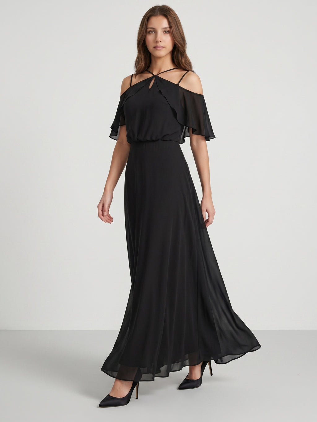 Black Chiffon A-Line Halter Back Zip Floor-Length Ruffle Bridesmaid Dress