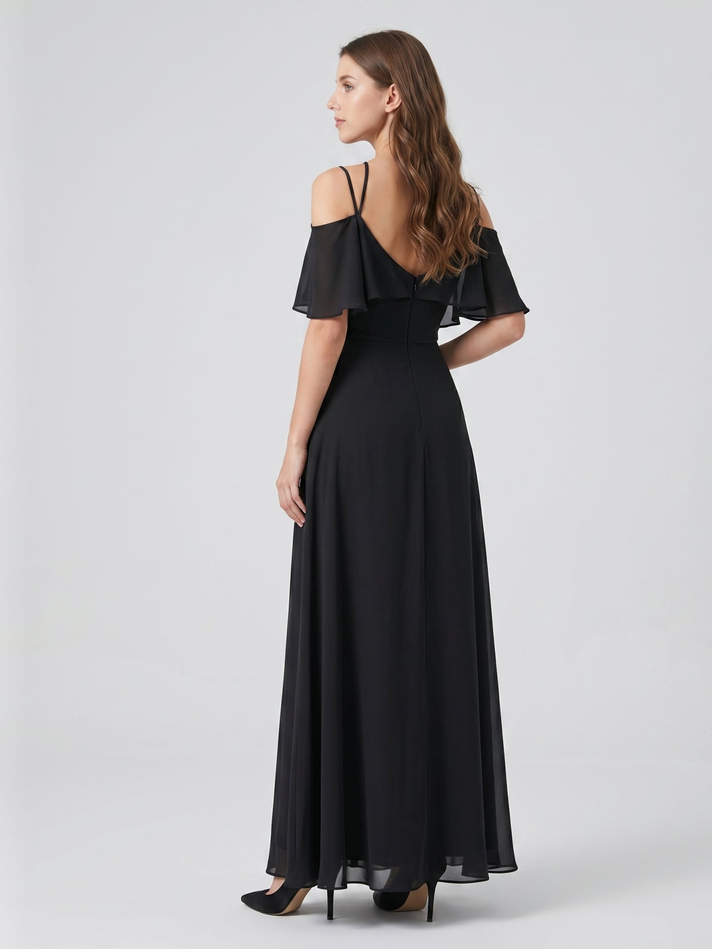 Black Chiffon A-Line Halter Back Zip Floor-Length Ruffle Bridesmaid Dress