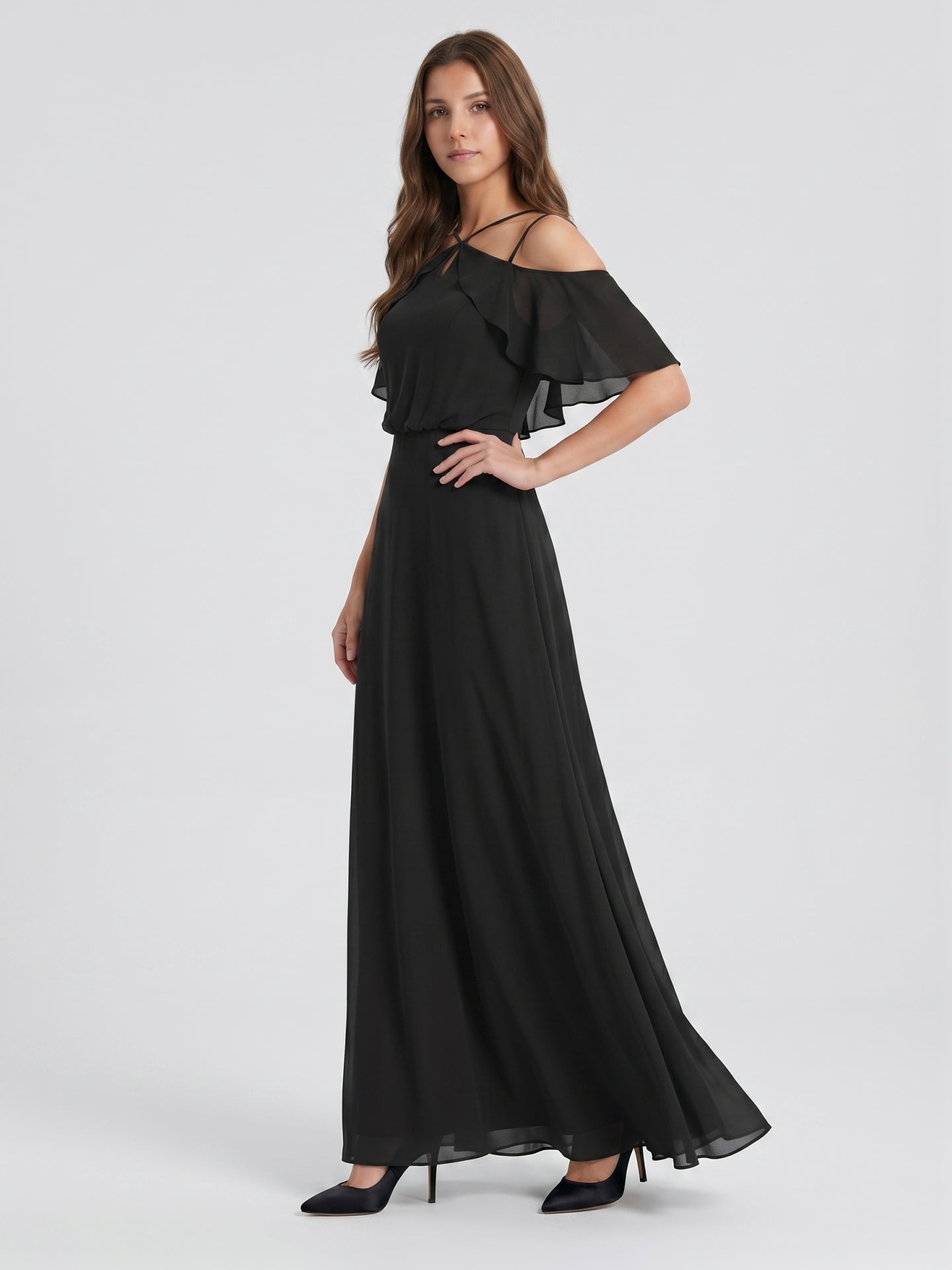 Black Chiffon A-Line Halter Back Zip Floor-Length Ruffle Bridesmaid Dress