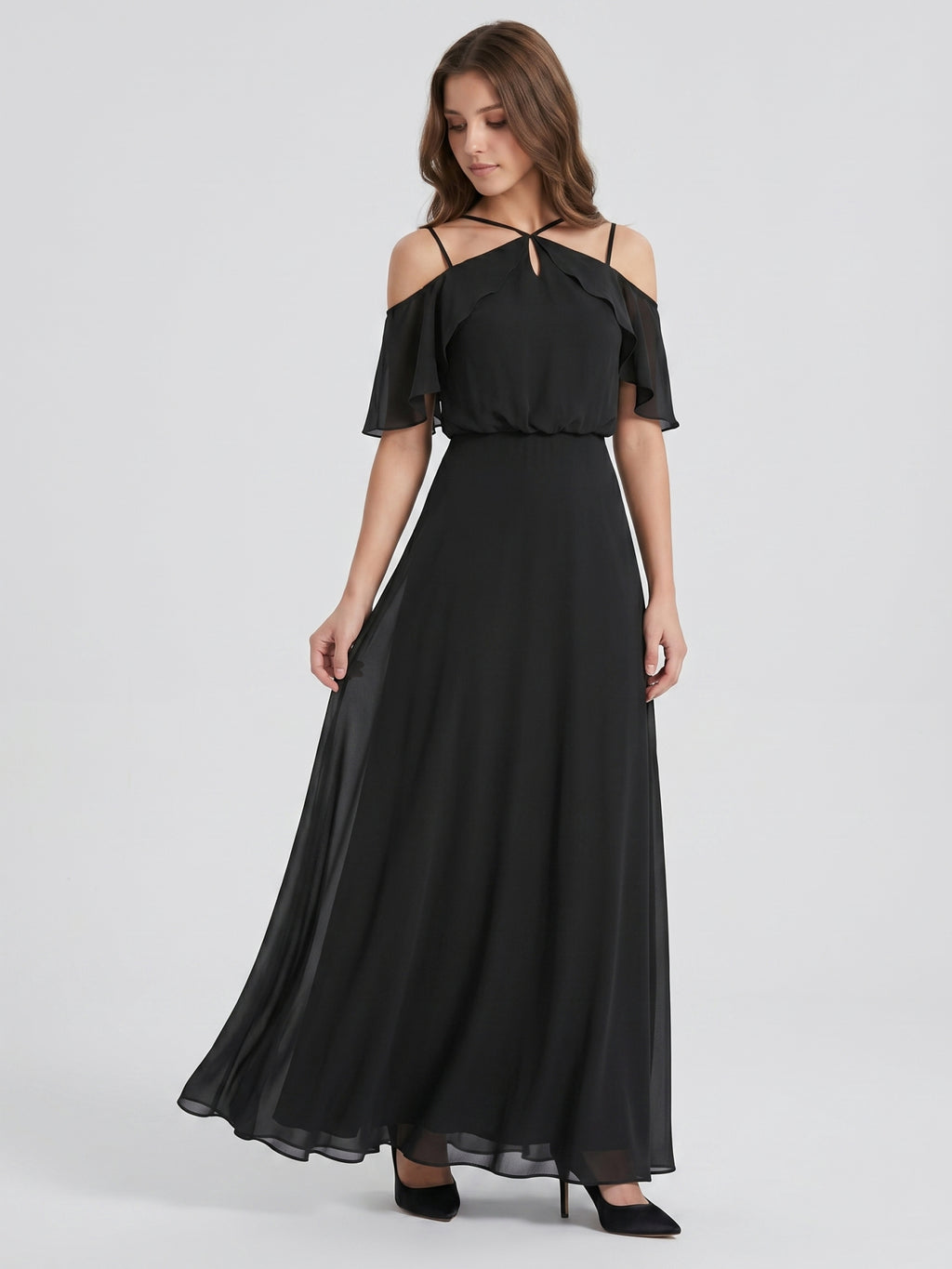 Black Chiffon A-Line Halter Back Zip Floor-Length Ruffle Bridesmaid Dress