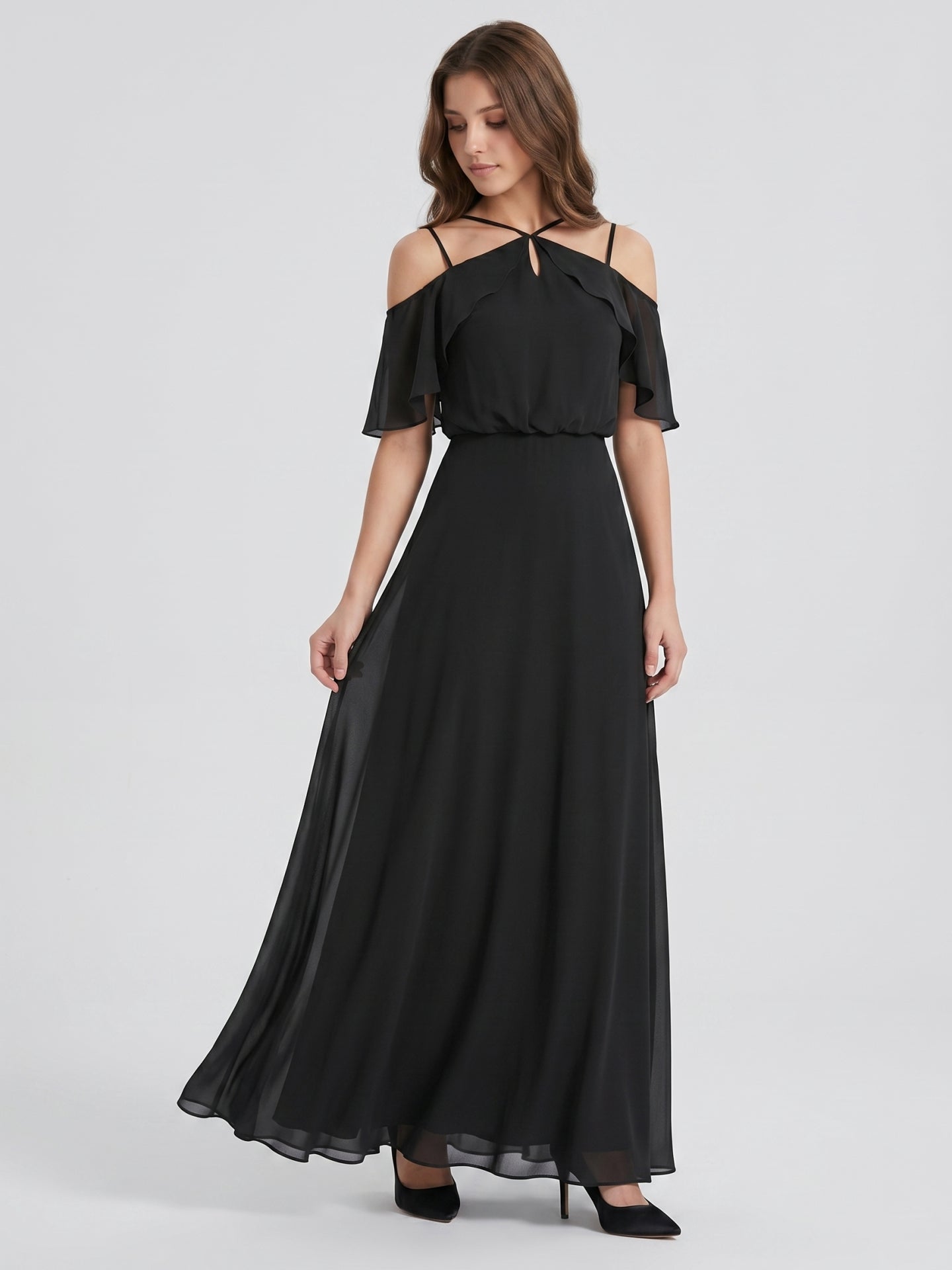 Black Chiffon A-Line Halter Back Zip Floor-Length Ruffle Bridesmaid Dress