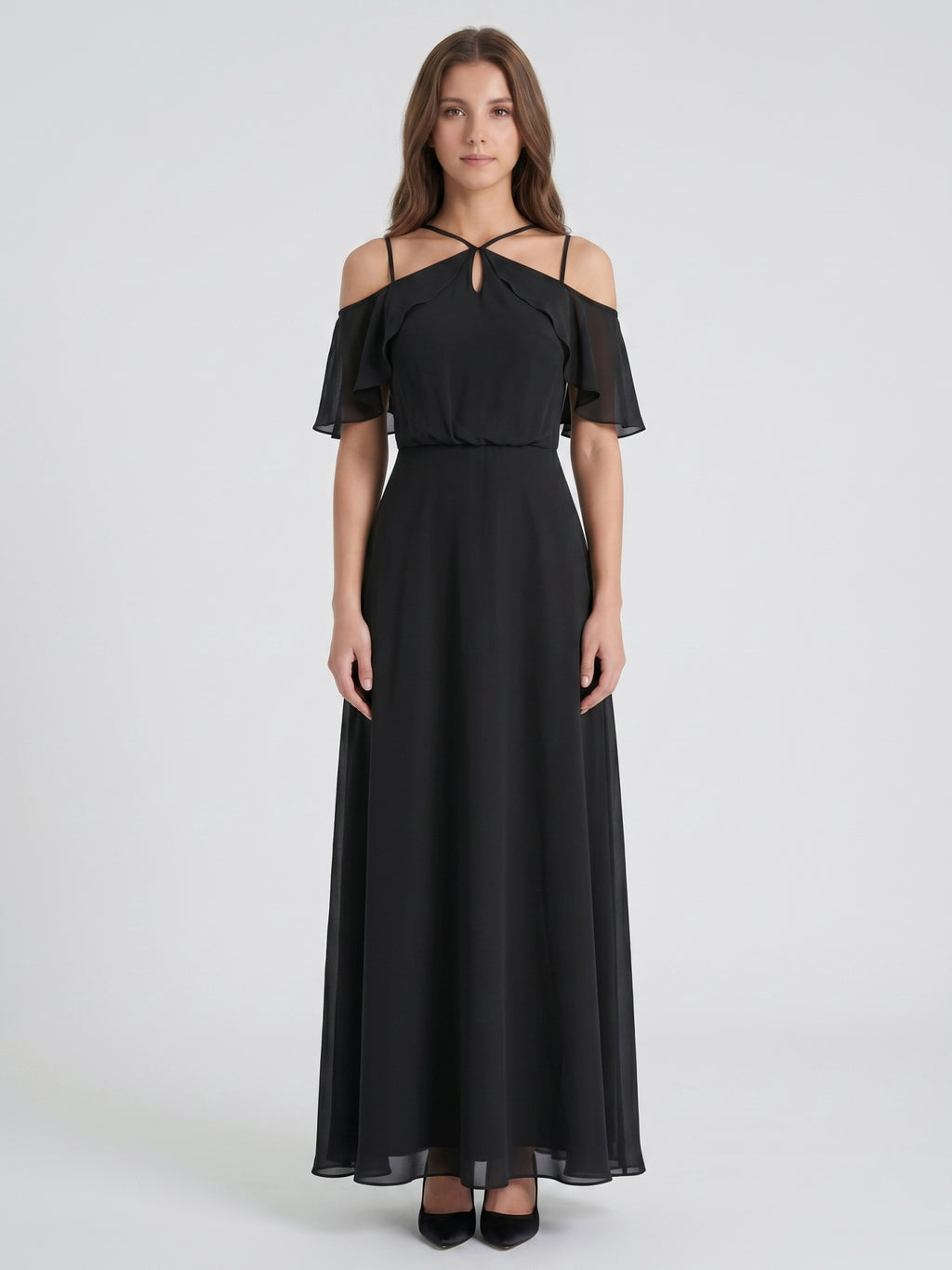 Black Chiffon A-Line Halter Back Zip Floor-Length Ruffle Bridesmaid Dress