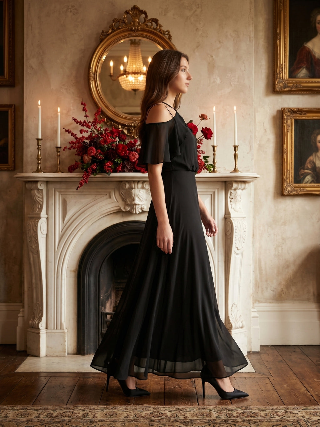 Black Chiffon A-Line Halter Back Zip Floor-Length Ruffle Bridesmaid Dress
