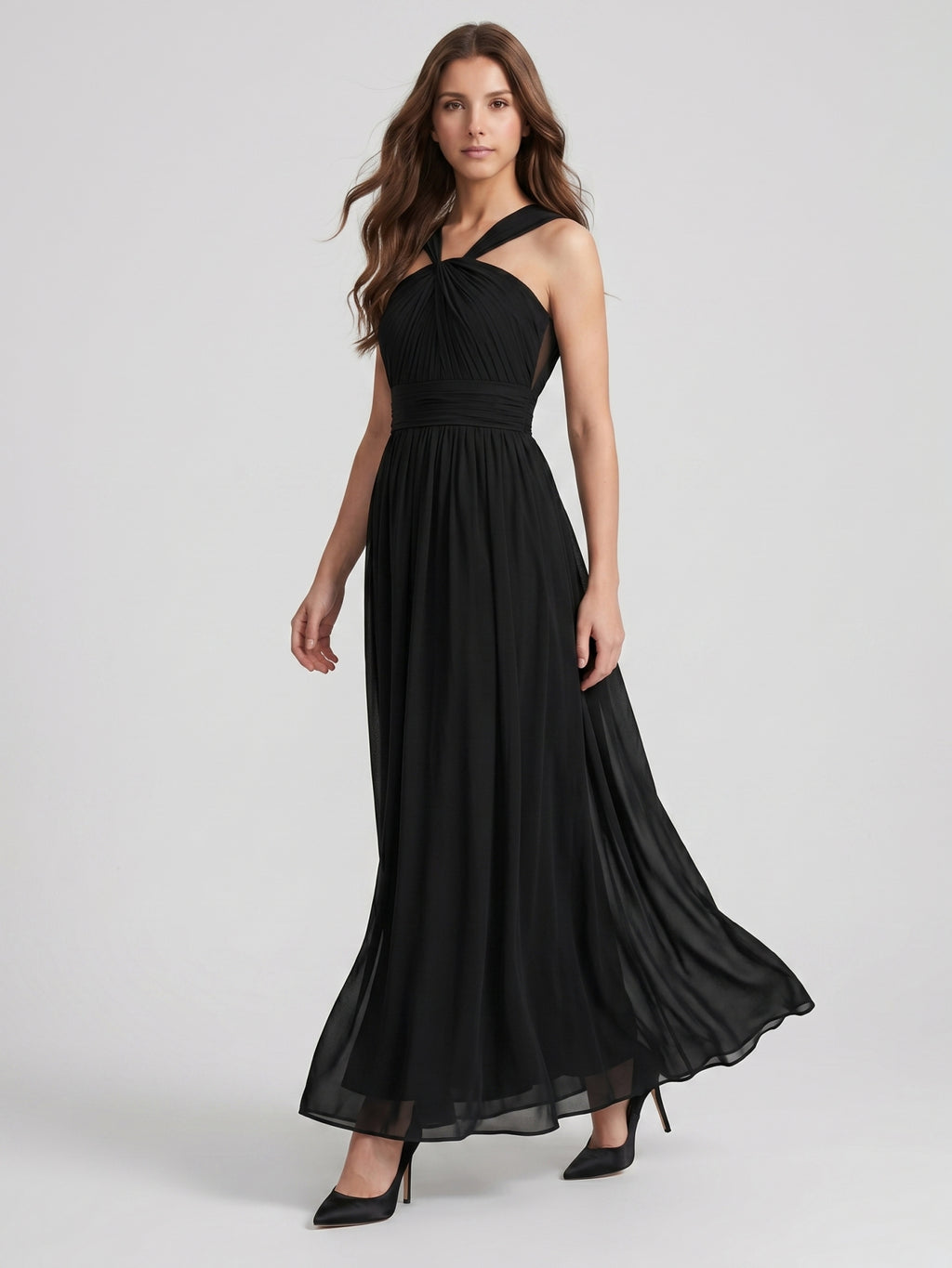 Black Chiffon A-Line Halter V-Back Floor-Length Pleated Bridesmaid Dress