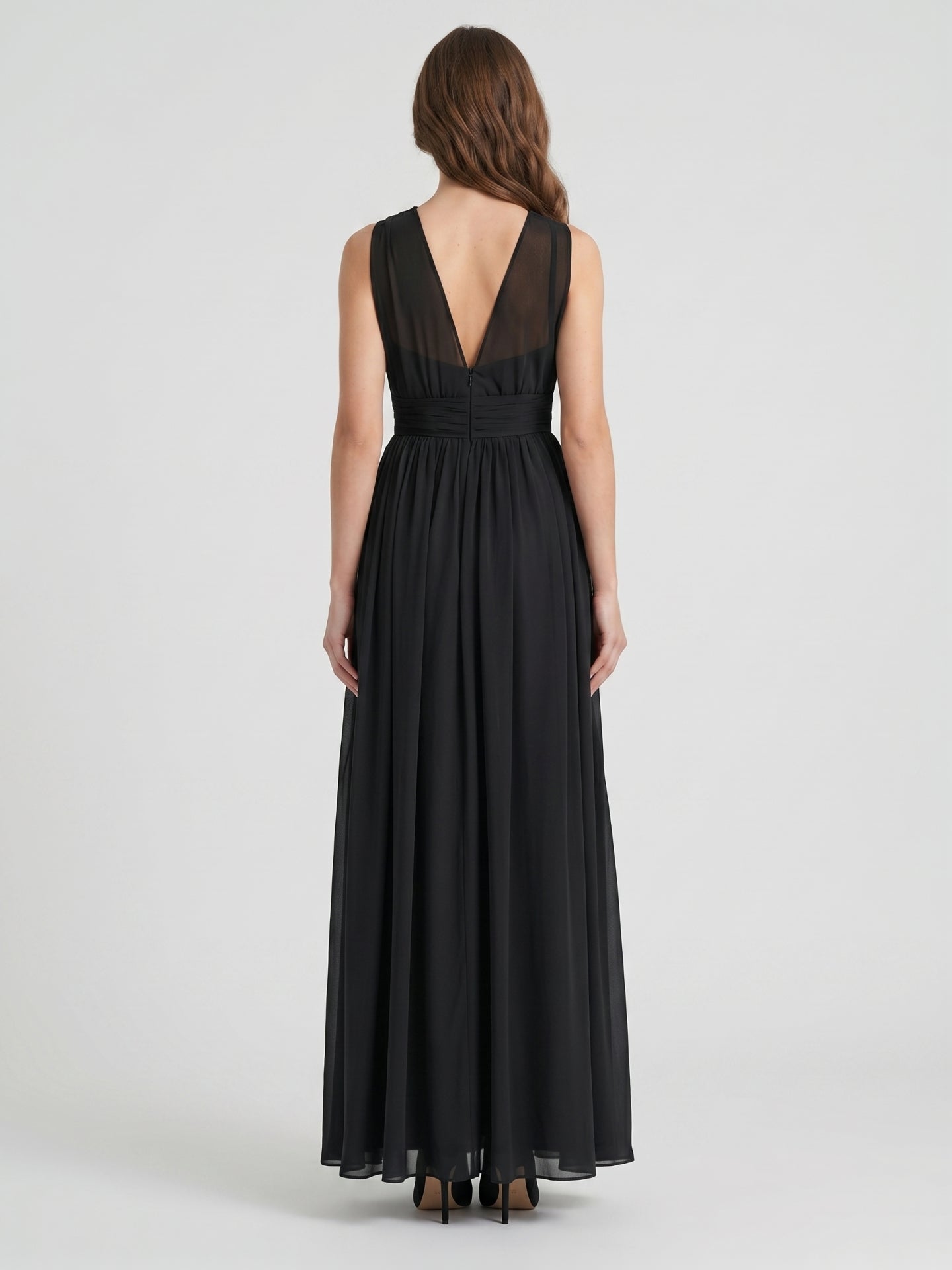 Black Chiffon A-Line Halter V-Back Floor-Length Pleated Bridesmaid Dress